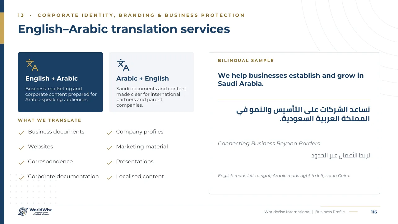 Business Profile page 116: English–Arabic translation